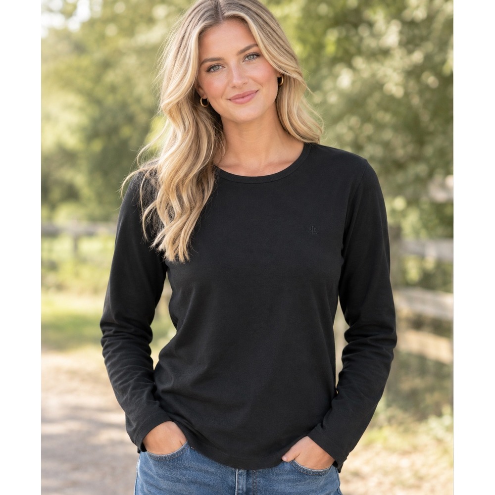 Lauren Ralph Lauren Women's Long Sleeve Crewneck T-Shirt Black Large Cotton